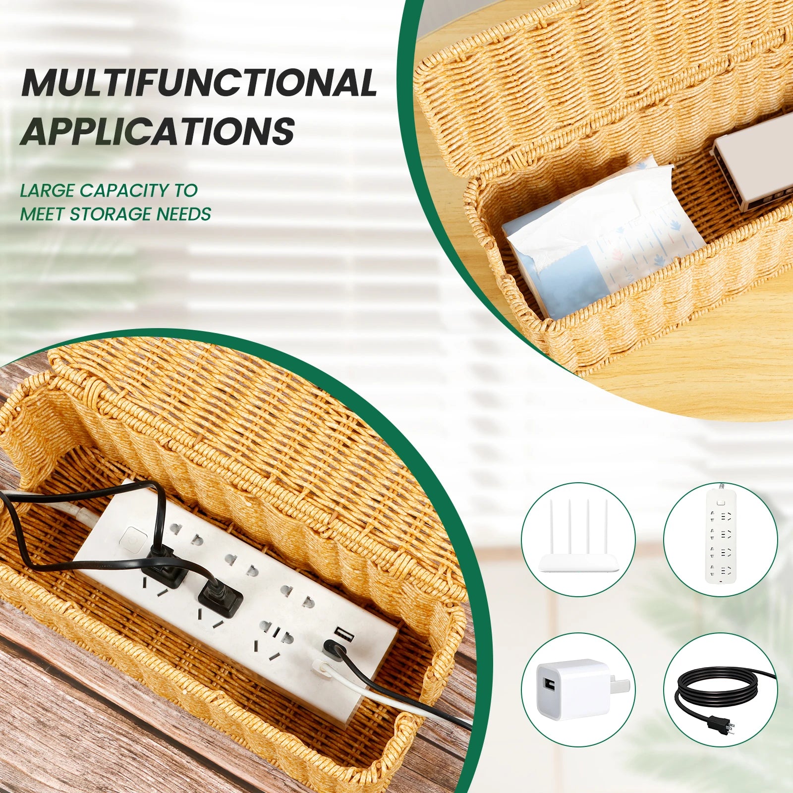 Imitation Rattan Cable Organizer Box Office Desk Charger Socket Network Line Storage Bin Power Cord Charger Storage Box