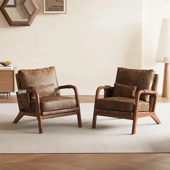 Mid Century Modern Accent Chair with Pillow & Pocket Upholstered Armchair with Solid Wood Frame & Soft Cushion