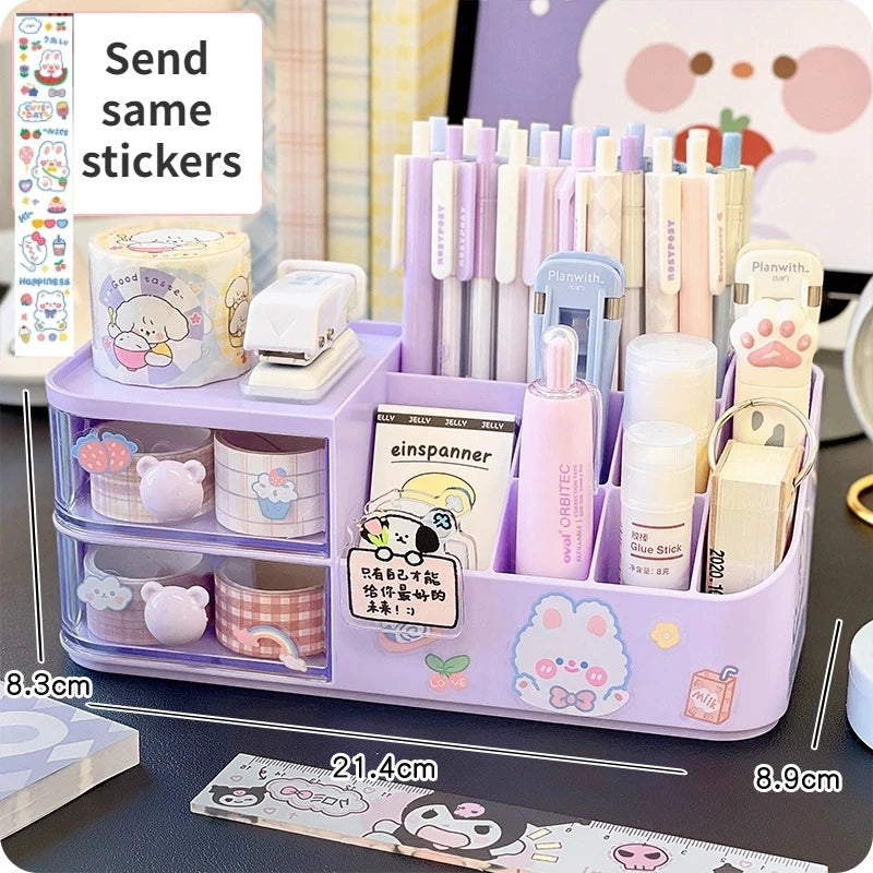 2024 New Desktop Storage Box Organizer Cute Bear Handle Drawer Type Desk Organizer Multi-grid Pen Holder with Kawaii