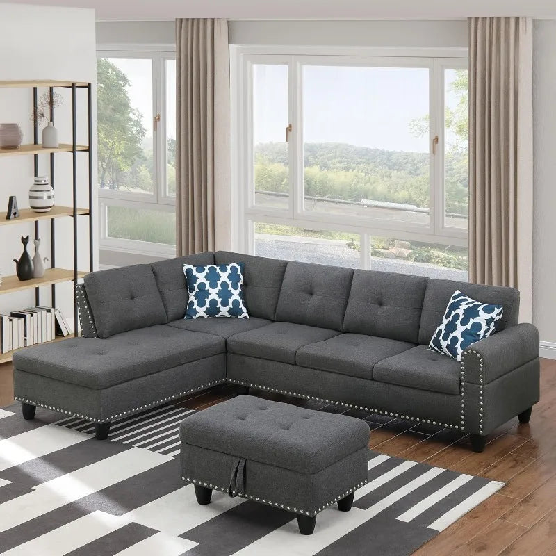 4 Seat Linen Upholstered Sectional Sofa Set 3 PCS W/Cup Holders & Coffee Table,for Home,Office,Dark Gray - Gray