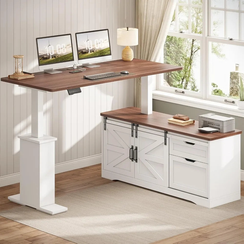 L-Shaped Adjustable Standing Desk with Storage Drawers Power Outlets and Farmhouse Design for Home Office - United