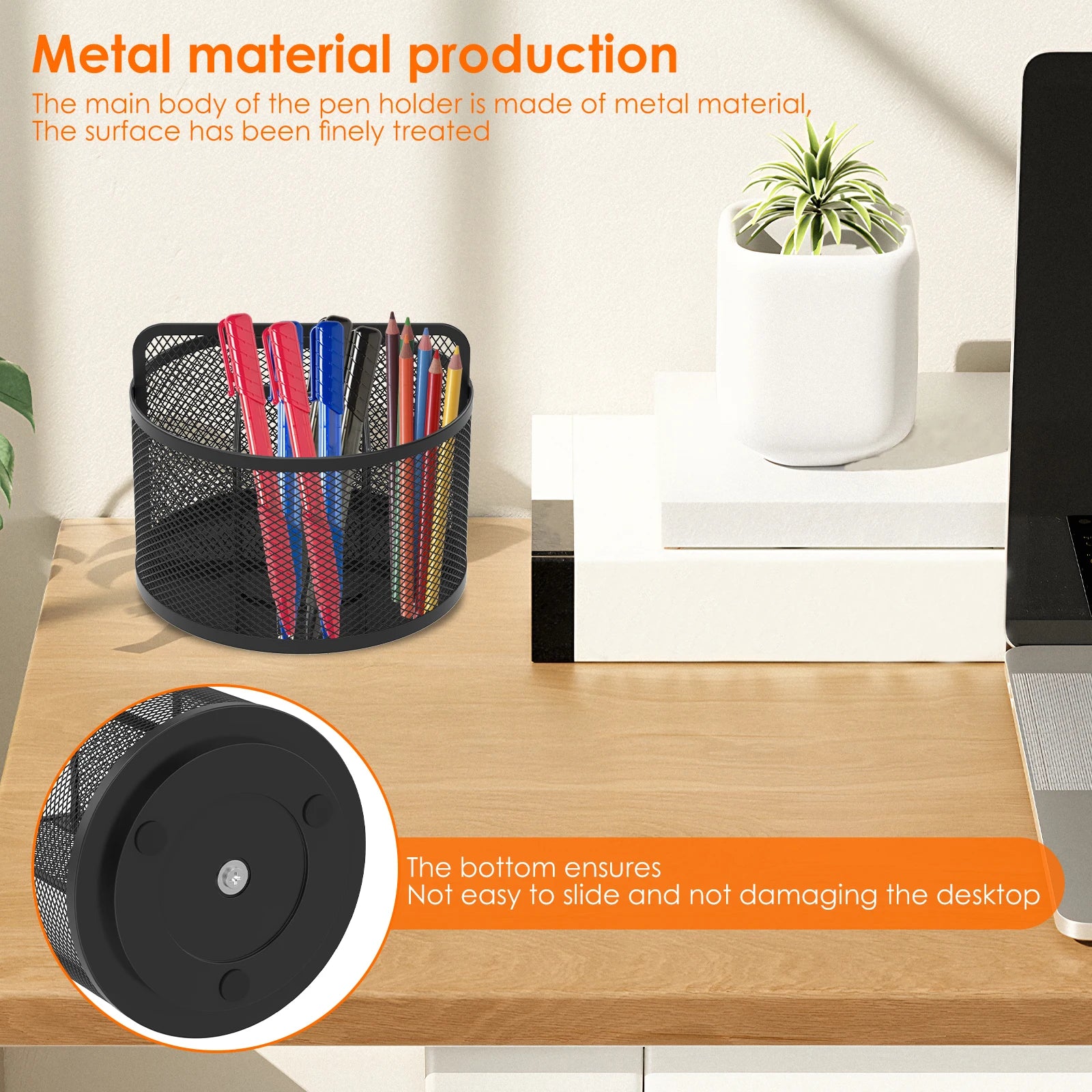 360 Degree Rotating Pen Holder Metal Mesh Large Capacity Desktop Office Supplies Student Stationery Storage Box