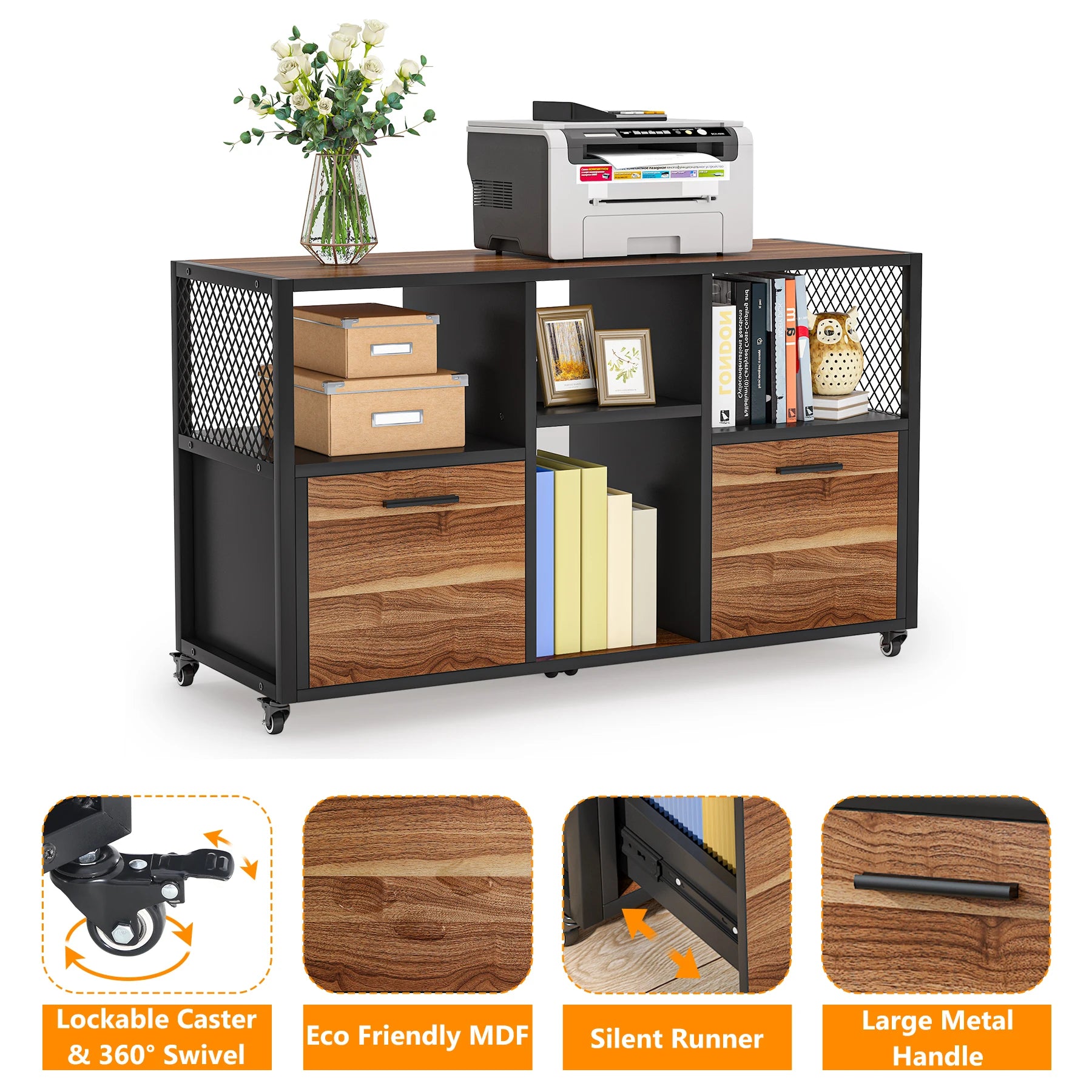Tribesigns 2 Drawer Wood File Cabinets Mobile Lateral Filing Cabinet for Letter A4 Size Printer Stand with Shelves