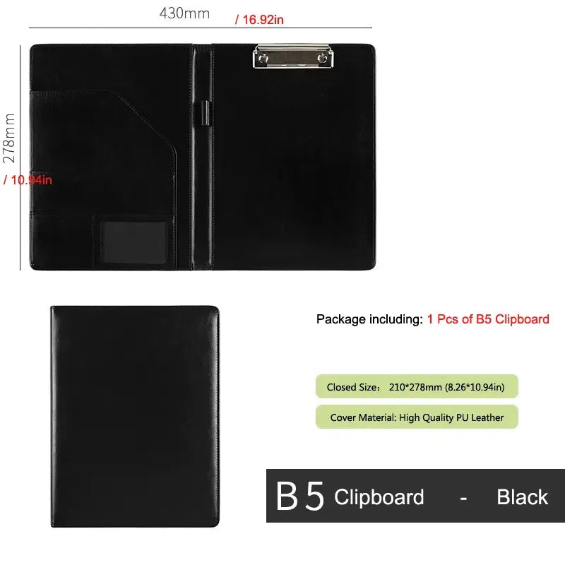 B5 / A5 Black Leather Padfolio Portfolio File Folder Clipboard Document Holder Business Folder Writing Pad Clipboard