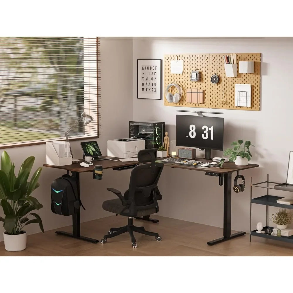63X55 Inches Reversible L Shaped Standing Desk Height Adjustable with Cup Holder Electric Corner Computer Desk Sit