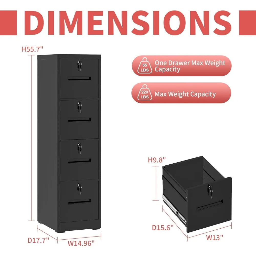 4 Drawer File Cabinet,Vertical Filing Cabinet with 4 Lockable Drawers,Black Metal File Cabinet for Home Office,Heavy