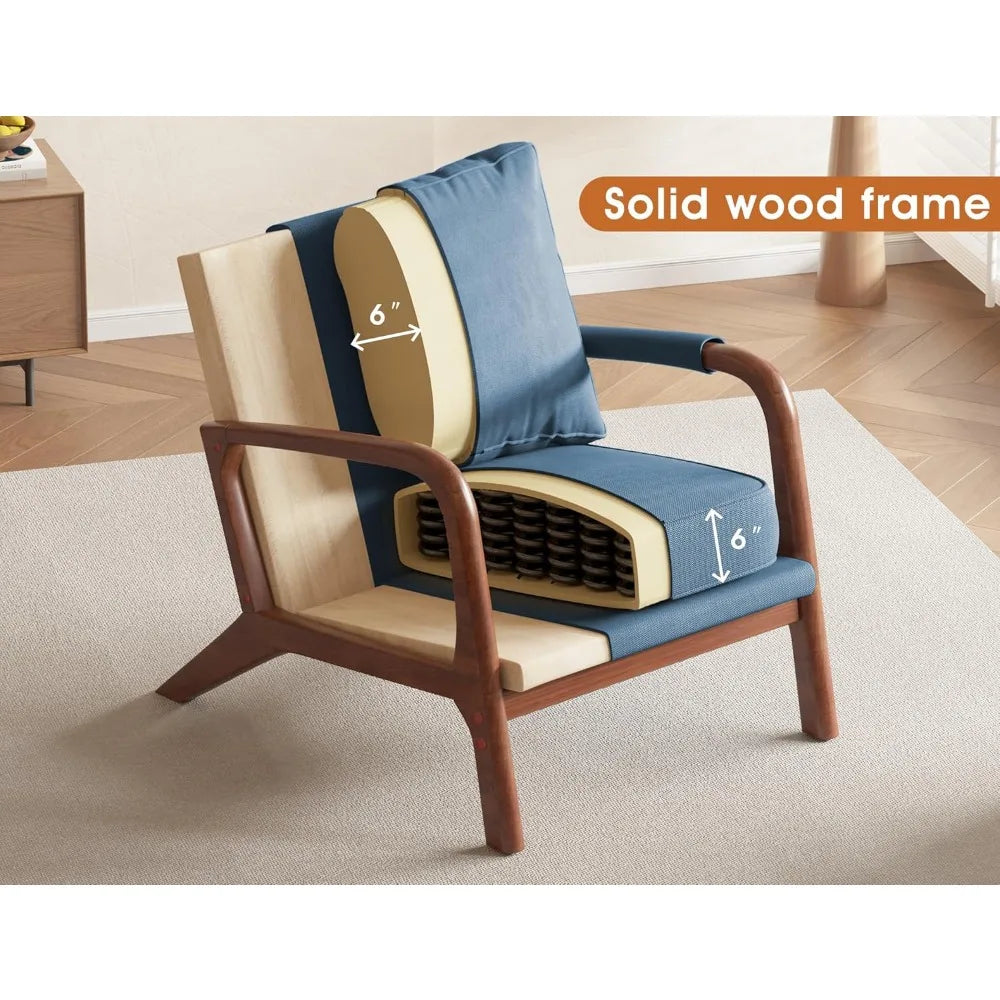 Mid Century Modern Accent Chair with Pillow & Pocket Upholstered Armchair with Solid Wood Frame & Soft Cushion