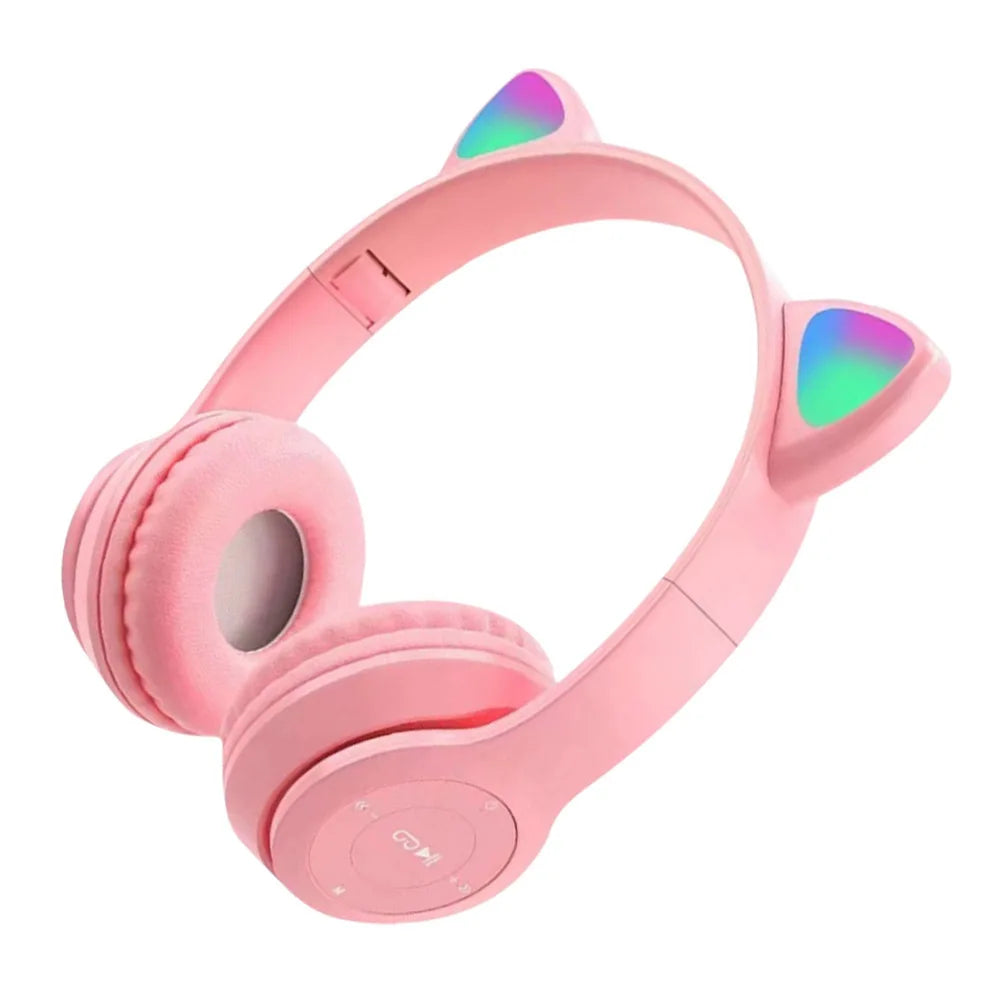 Wireless Headphones Cat Ear Gaming Headset Glow Light Bluetooth-Compatible Helmets Cute Over-Ear Headsets for Kids