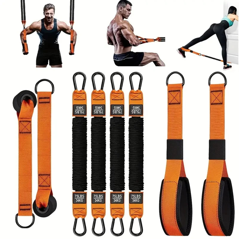 Home fitness equipment. A resistance band used for downward pressure and other exercises to shape your triceps