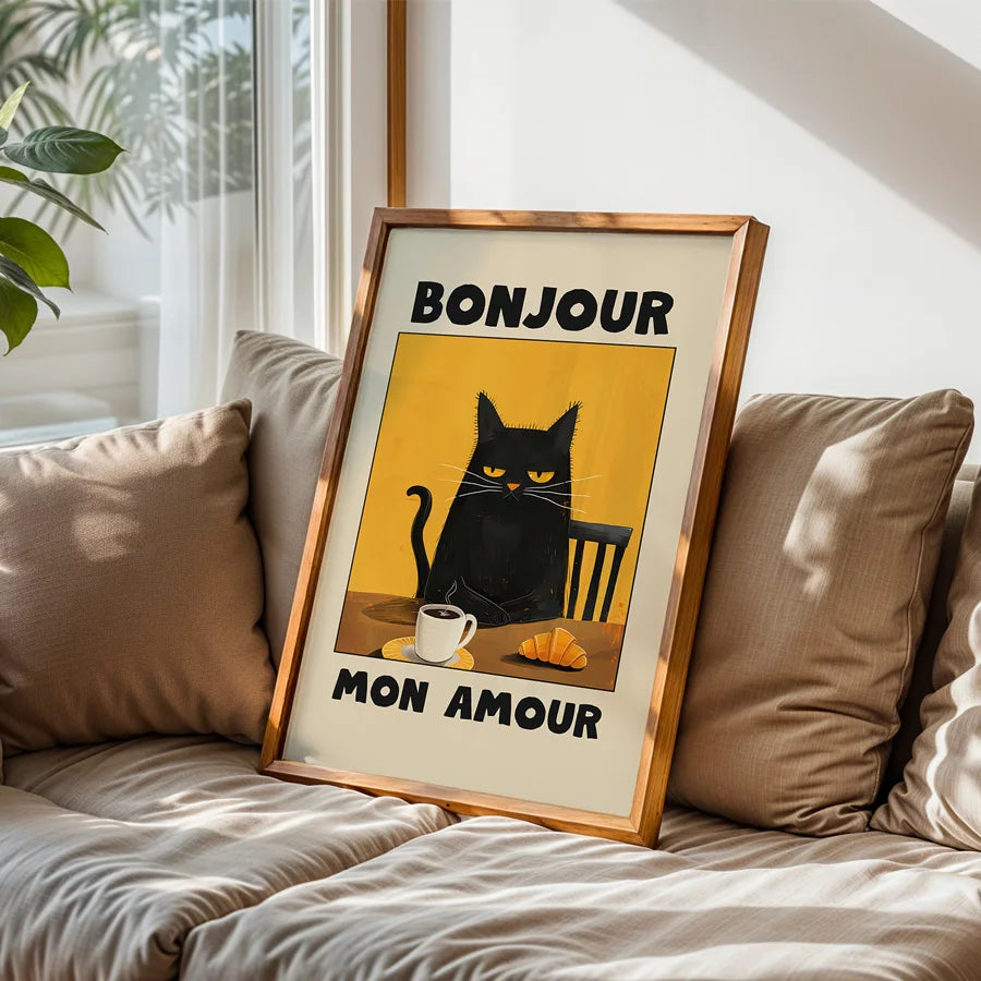 1 Piece Yellow - Good Dear Morning - Black Cat Print Cute Kitchen Wall Art Interesting French Cafe Canvas Poster Cat
