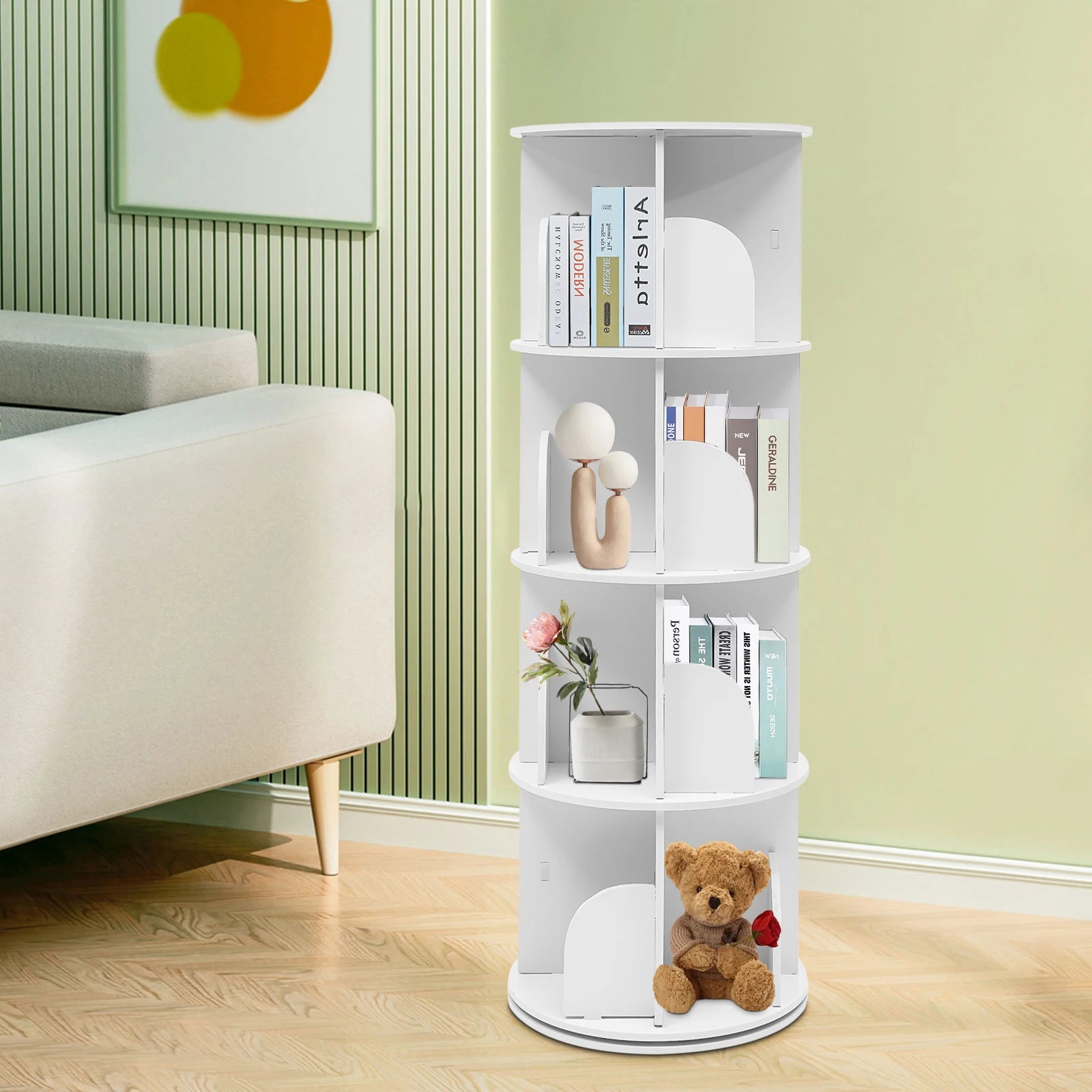 2/4-Tier Wooden Rotatable Bookshelf - 360°Display Floor Standing Storage Rack White Multifunctional Bookshelf Organizer