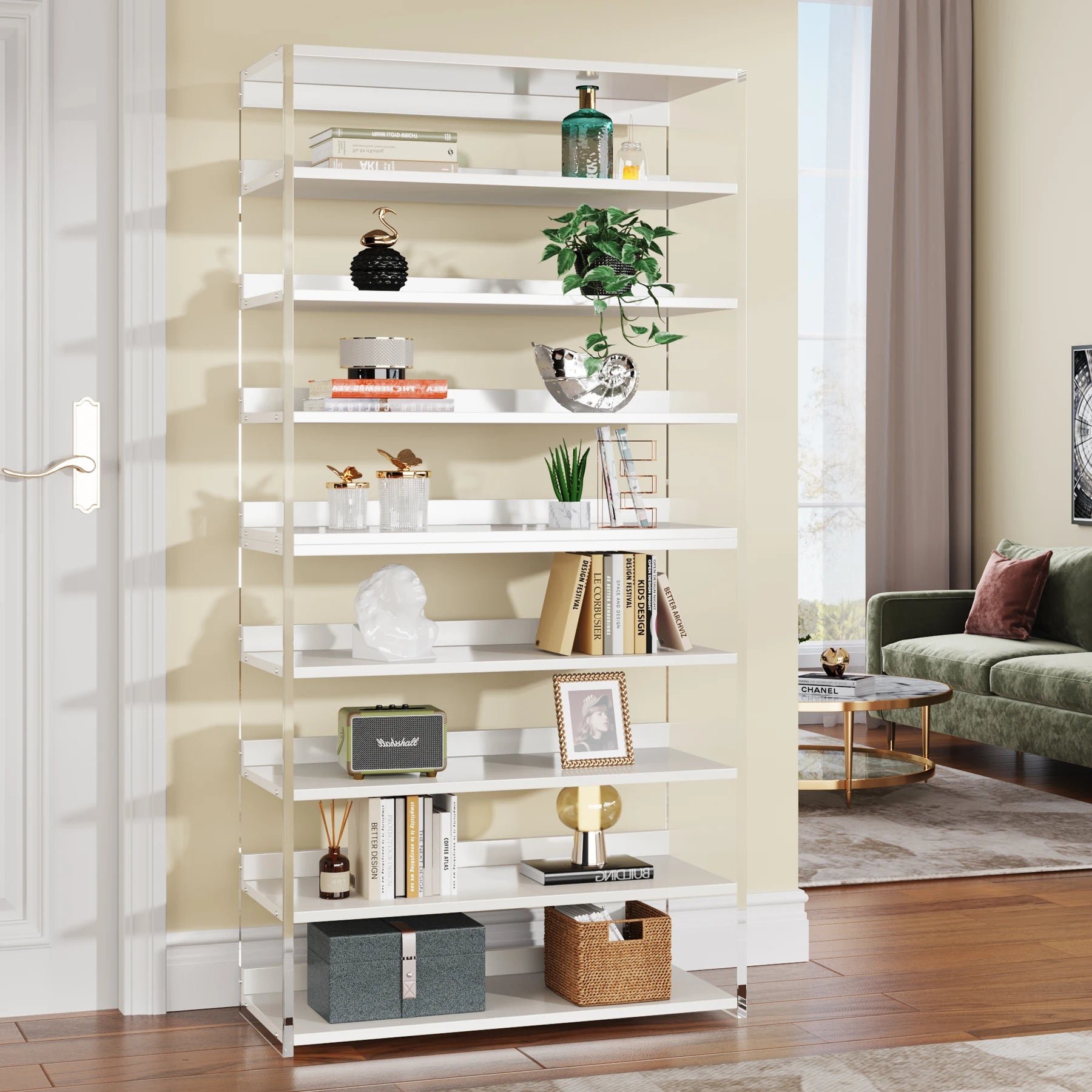 Tribesigns 8-Tier Acrylic Bookshelf Modern Bookcase with Wood Shelves 63’’ Display Storage Rack for Living Room Bedroom