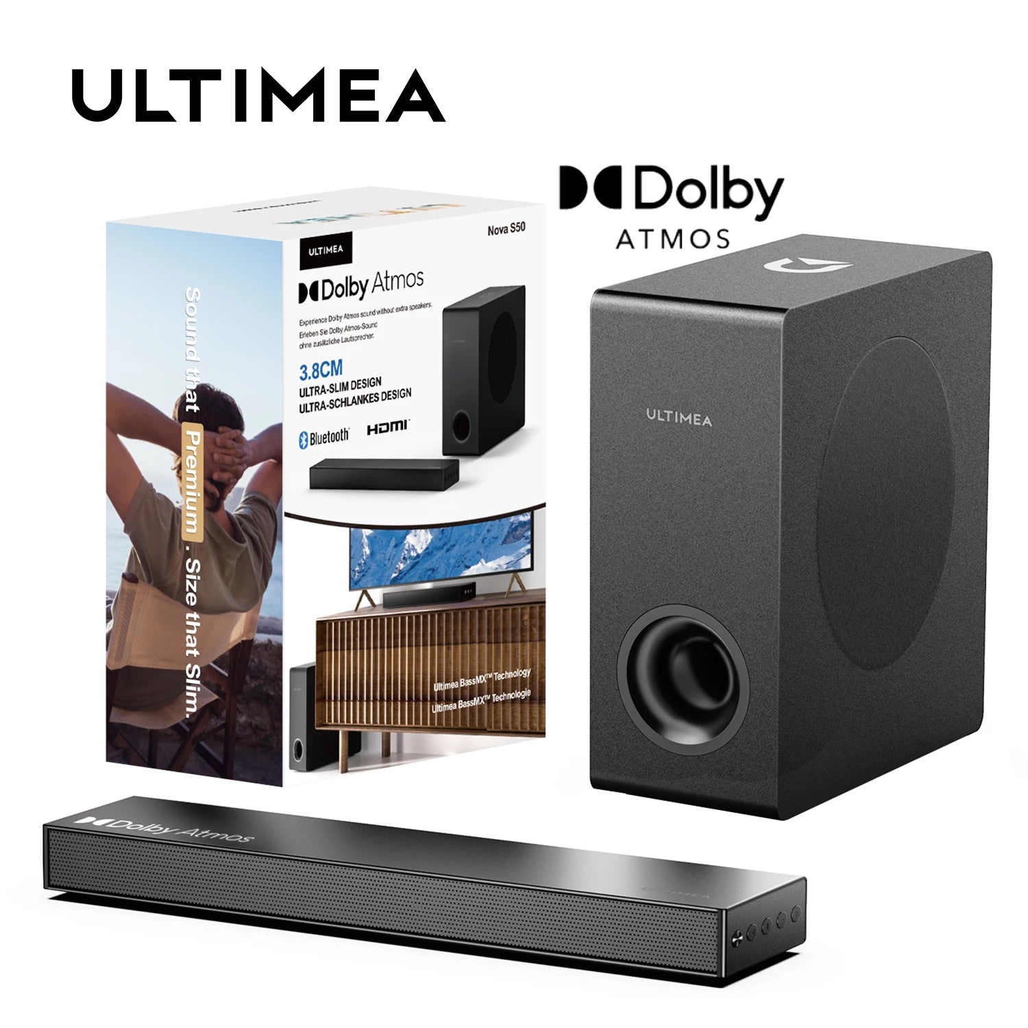 ULTIMEA 2.1 Soundbar with Dolby Atmos for Smart TV,Bluetooth Sound Bar with Subwoofer,3D Surround Sound System for TV