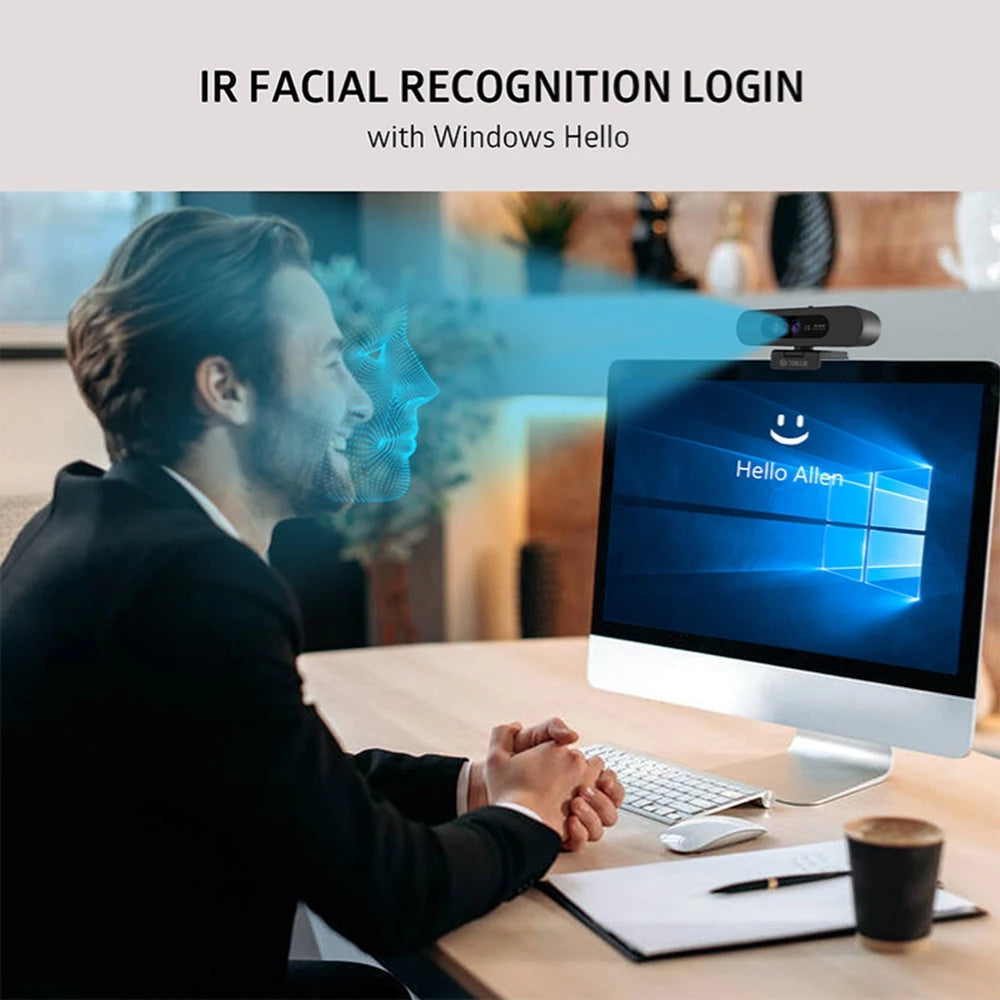 TOALLIN Windows Hello 2K Webcam 1080P Web Camera PC IR Facial Recognition with Noise-Reduction Mics for Streaming