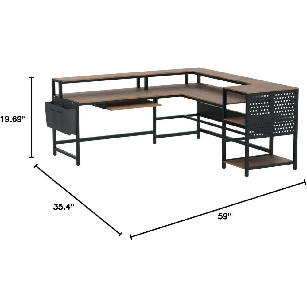L Shaped Computer Desk Reversible Computer Desks L Shaped Desk with Power Outlets & LED Strip Monitor Shelf Keyboard