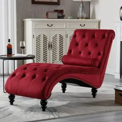 Velvet Button-Tufted Chaise Lounge Chair Indoor with Pillow Upholstered Modern Furniture for Bedroom Living Room Office