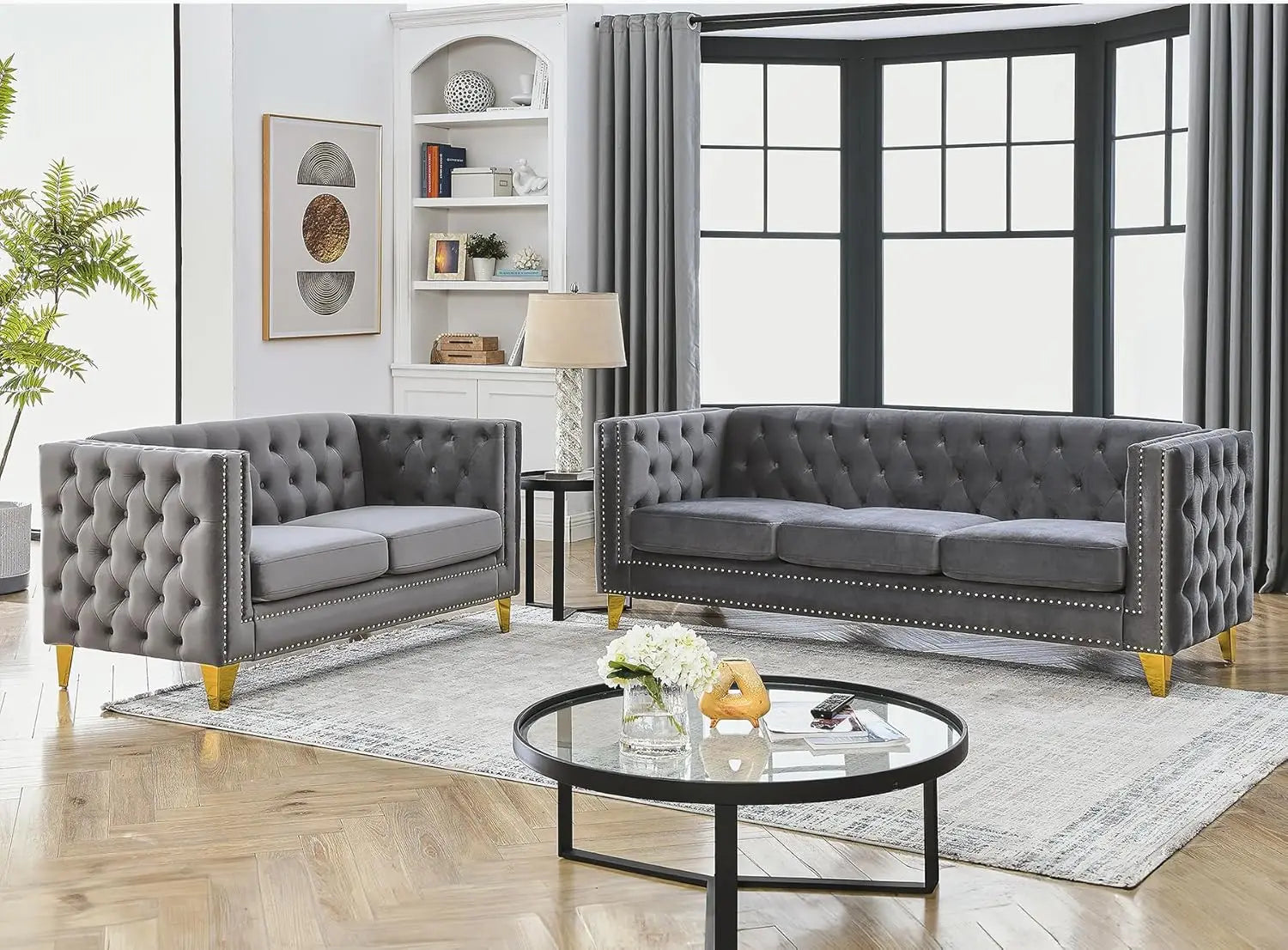 Velvet Living Room Sofa Set of 2 Comfy Loveseat and 3 Seater Couch Modern Sofa with Tufted Back and Rivet Decoration