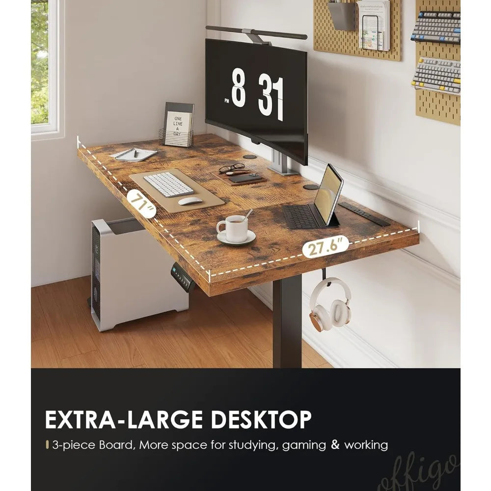 Electric Standing Desk with 3-Piece Board 71 Inch Height Adjustable Large Desk with Power Outlets Sit Stand Table,