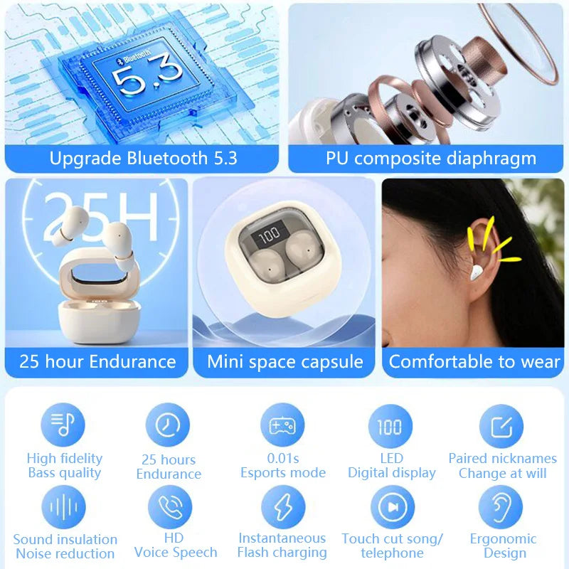 SK Small Headphones Wireless Bluetooth Headset Sport Sleeping Invisible Comfortable To Wear Bass Earbuds Earphone