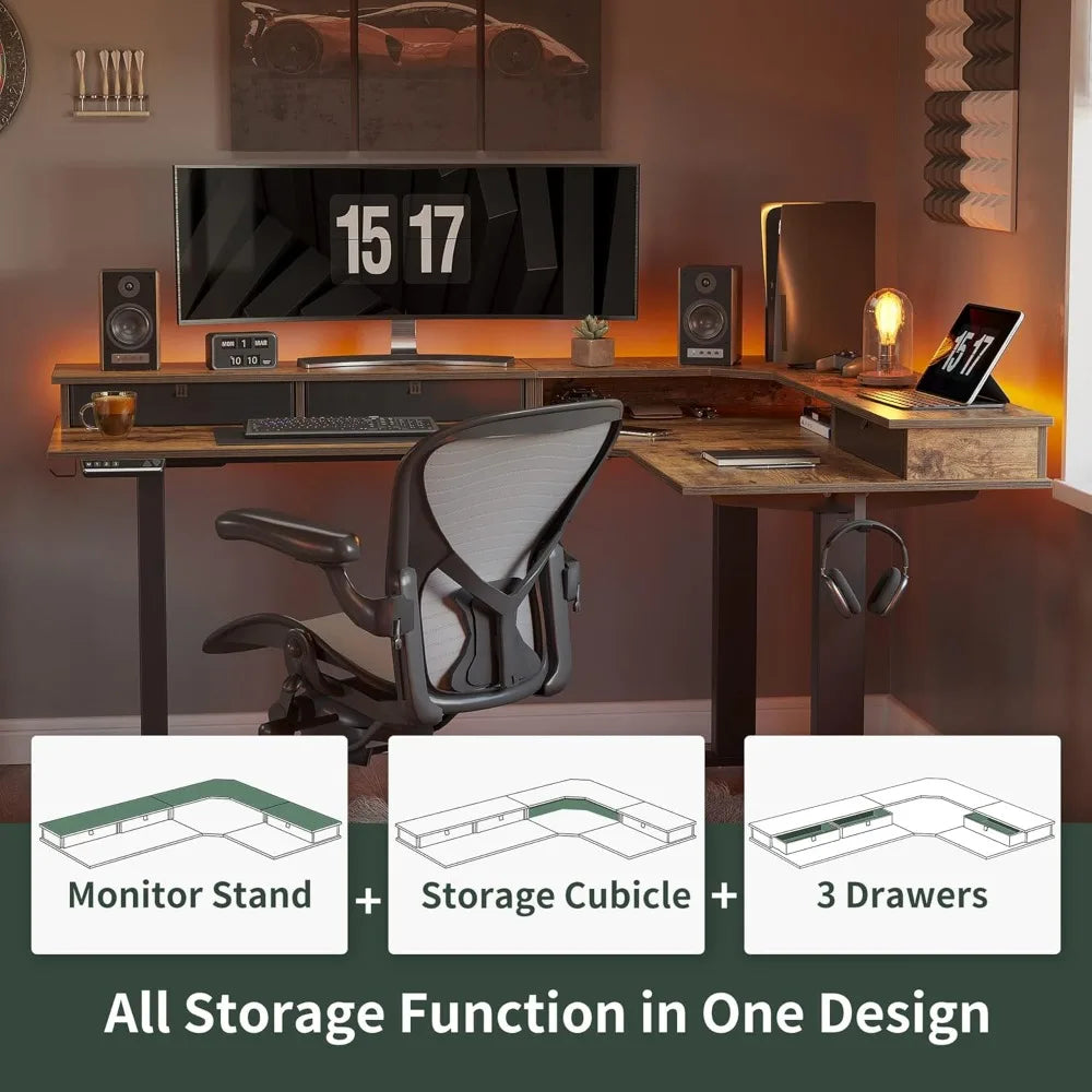 L Shaped Standing Desk with Drawers Exclusive Upgraded 3 Motors Support 330LBS Electric Height Adjustable L Standing