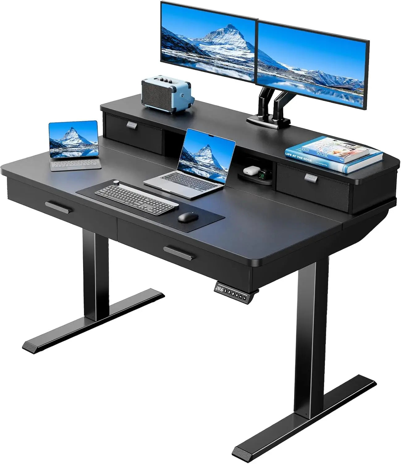55 x 30 inch Electric Standing Desk with Wood Drawers Adjustable Height Sit Stand Home Office Desk with Two Tiers