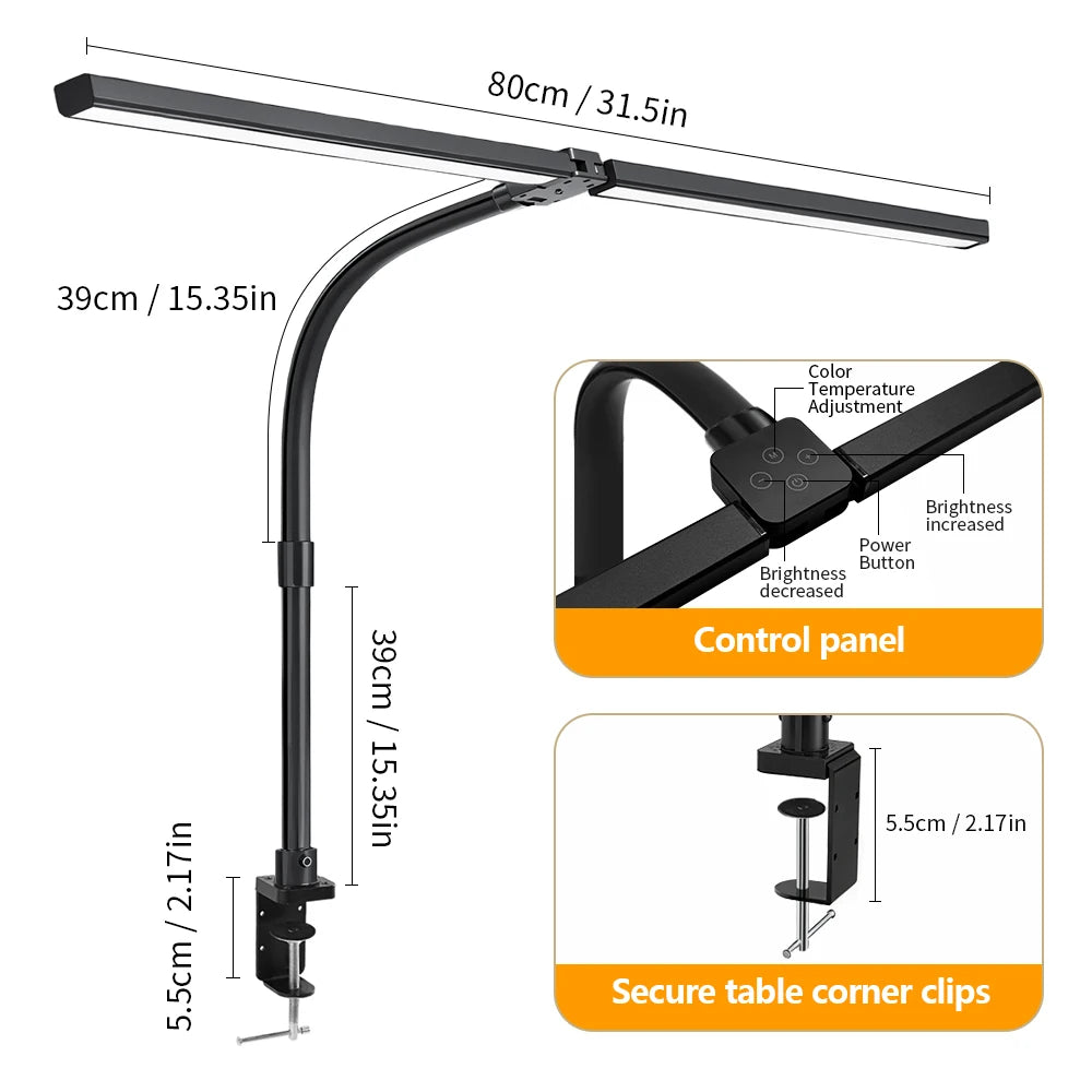 280LED 24W Double-Head Desktop Clip Lamp Ultra Bright Remote Control 2700-6500K Eye-Caring Reading Desk Lamp for Home