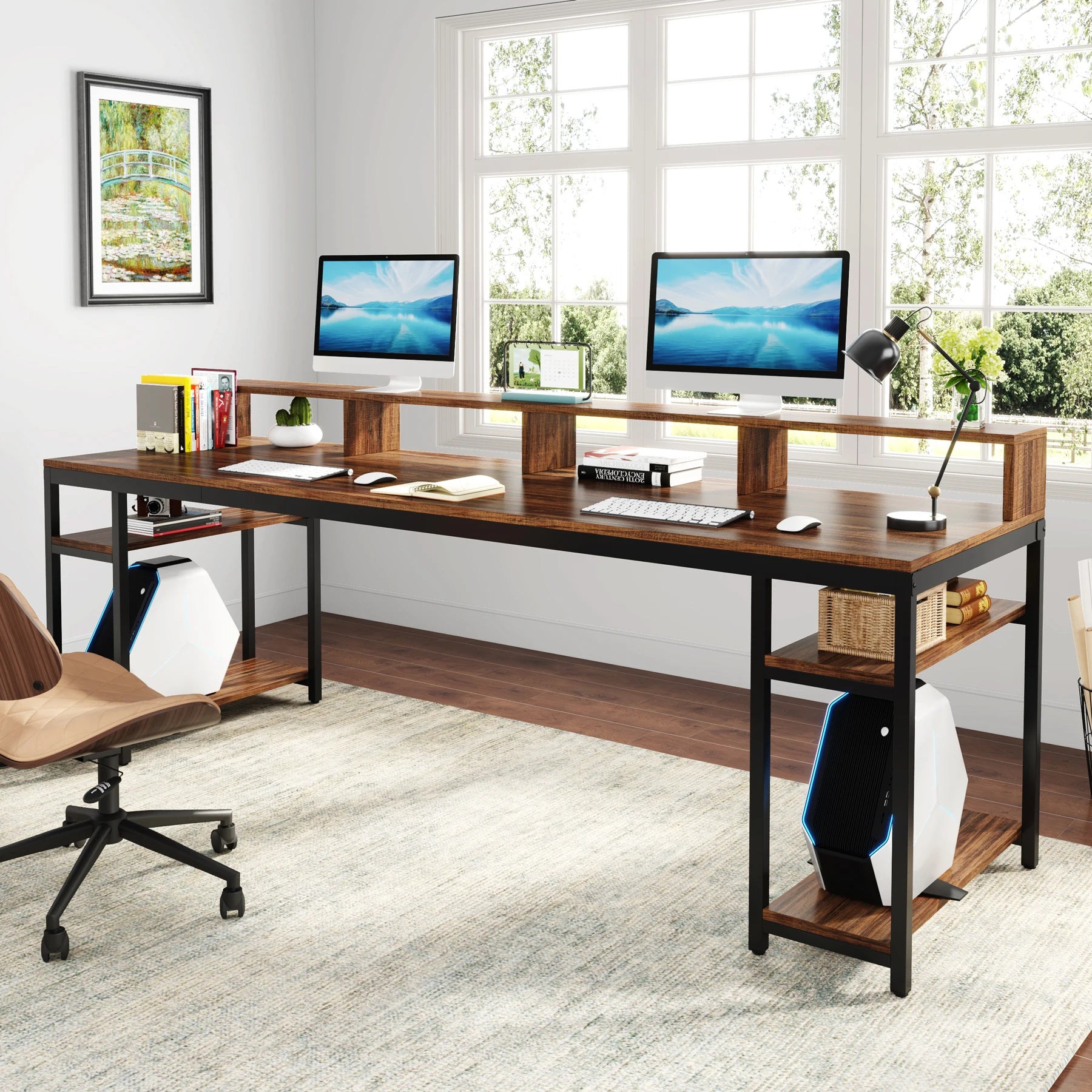 Tribesigns 78.74 Inches Extra Long Two-Person Desk Double Computer Desk with Monitor Stand and Storage Shelves Work