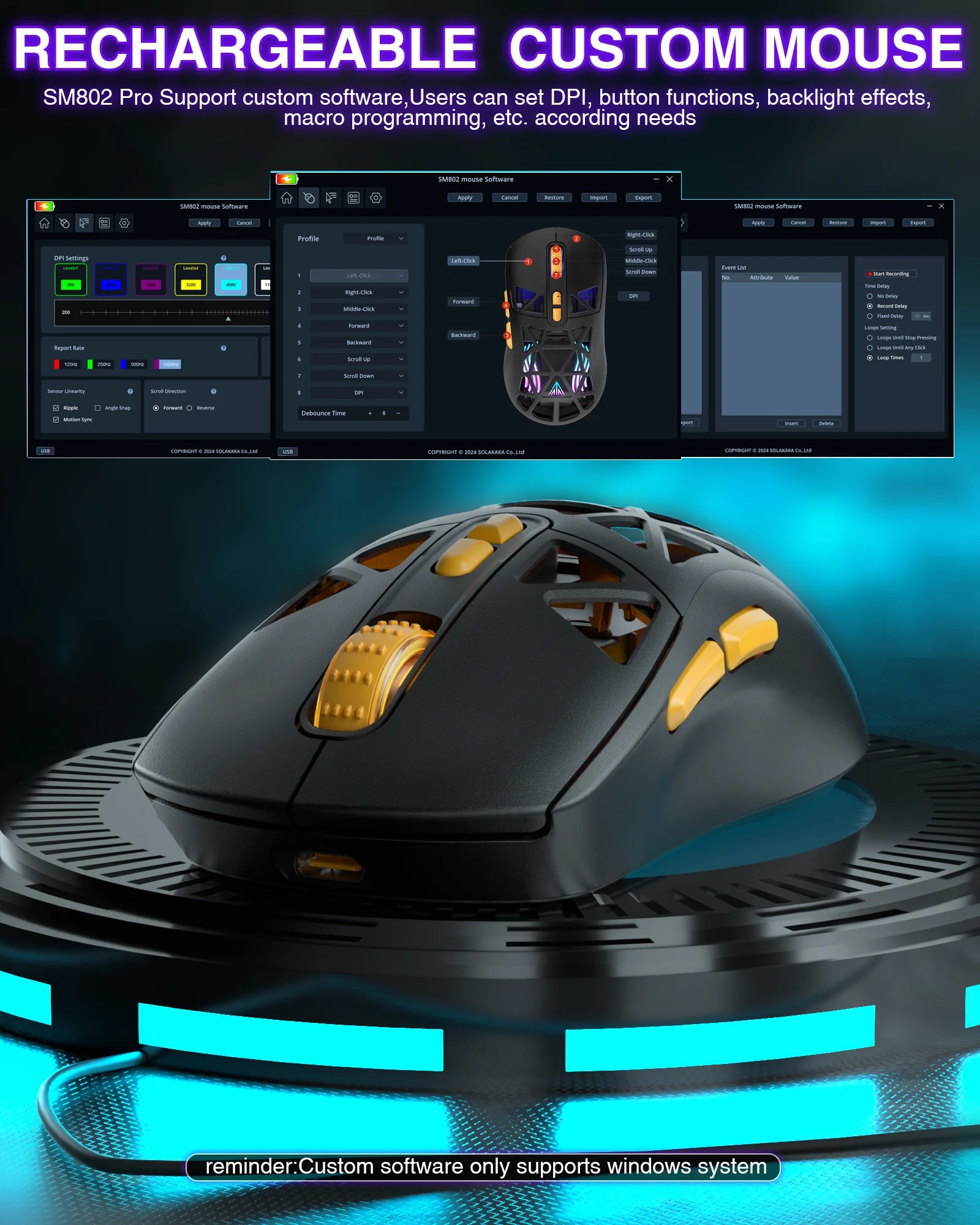 SOLAKAK SM802 Tri-modes Gaming Mouse Replaceable Shell Macros 6-adjustable DPI 600mah RGB lightweight