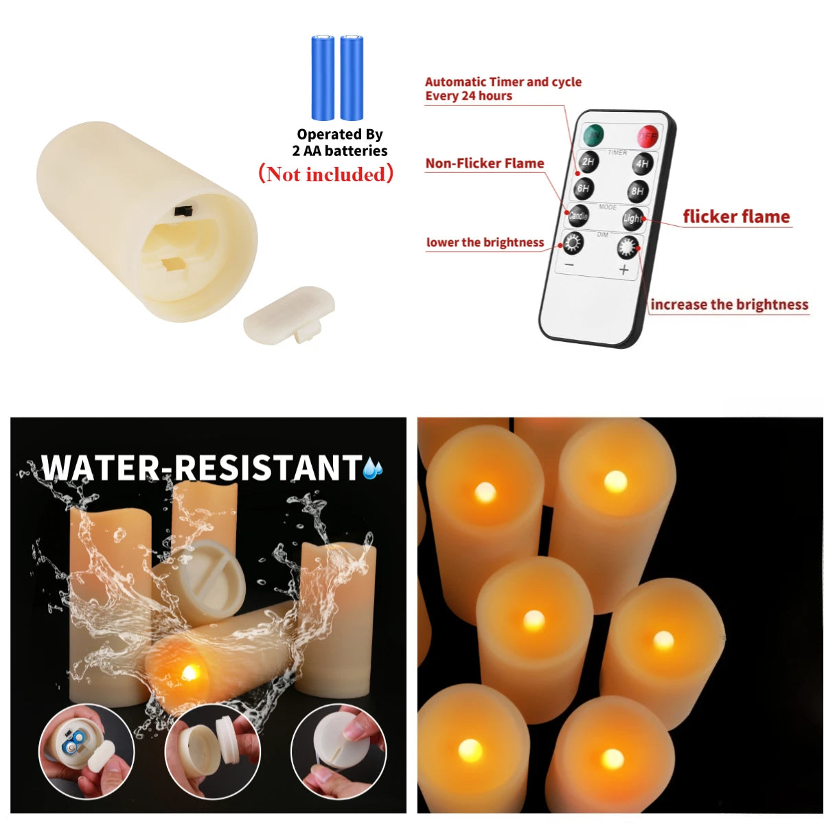 12Pc Waterproof Flameless Candles Set with Remote Control Flickering LED Candles Cycling 24 Hours Timer for Outdoor