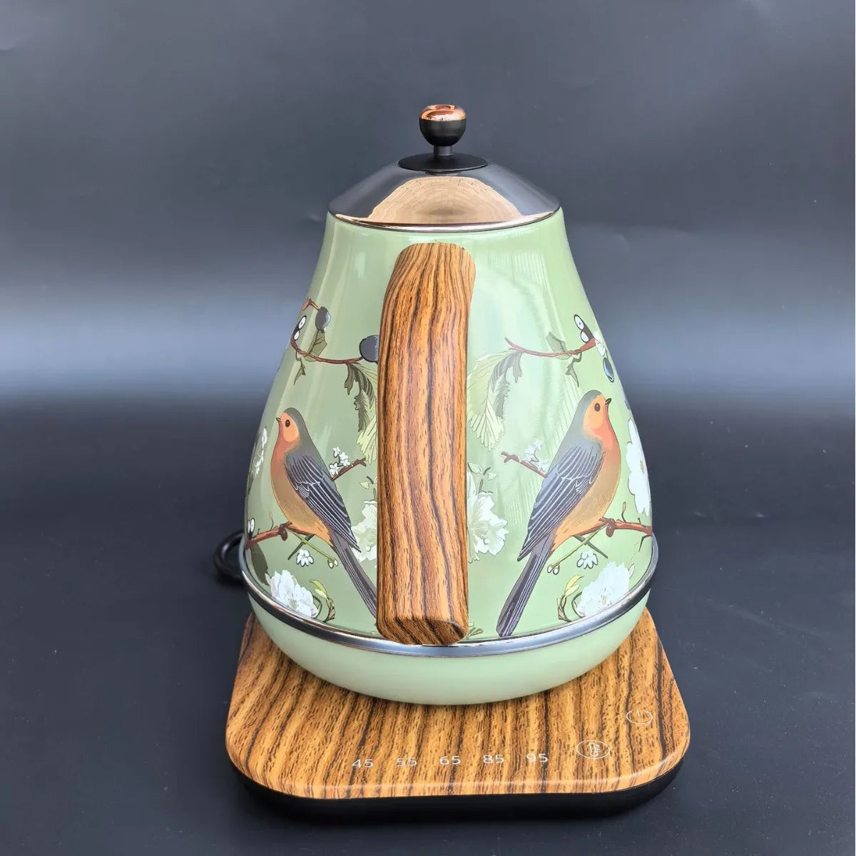 1.7L Retro Green Paint Decal Electric Kettle Wood Grain Handle 304 Stainless Steel Temperature Control Teapot Keep Warm