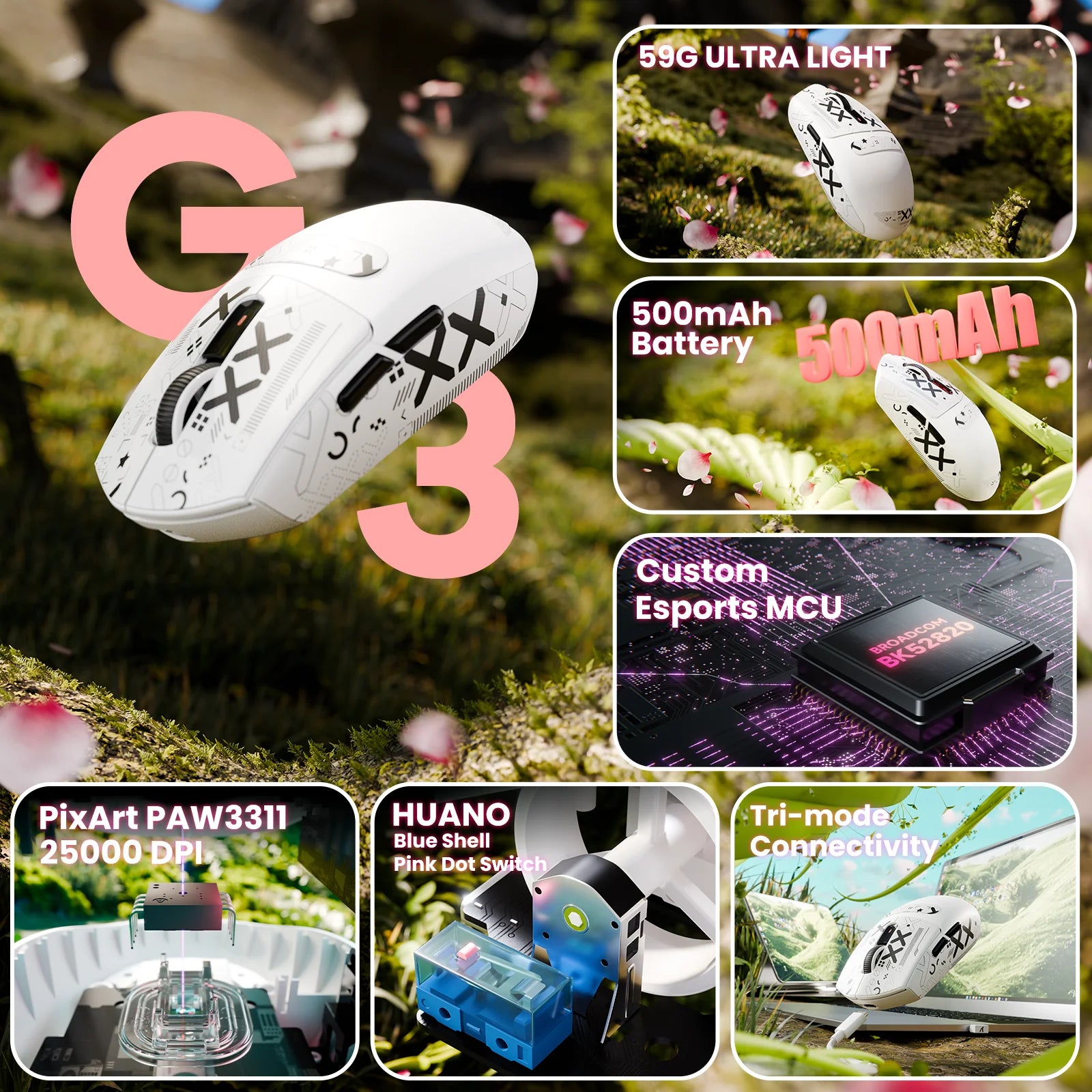 ATTACK SHARK G3 Wireless Gaming Mouse with Tri Mode Wired/2.4Ghz/BT,59g Ultra-Lightweight,25000 DPI,1000 Polling,PixArt