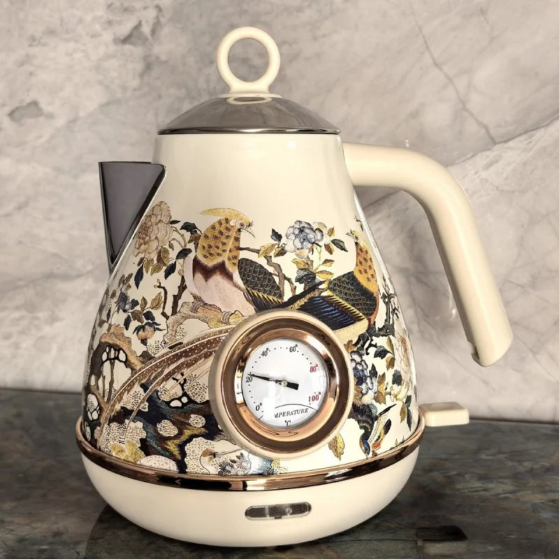 1.7L Retro Handmade Decals Electrc Kettle Boiling Water With Thermometer Automatic Power Off 304 stainless Steel Teapot