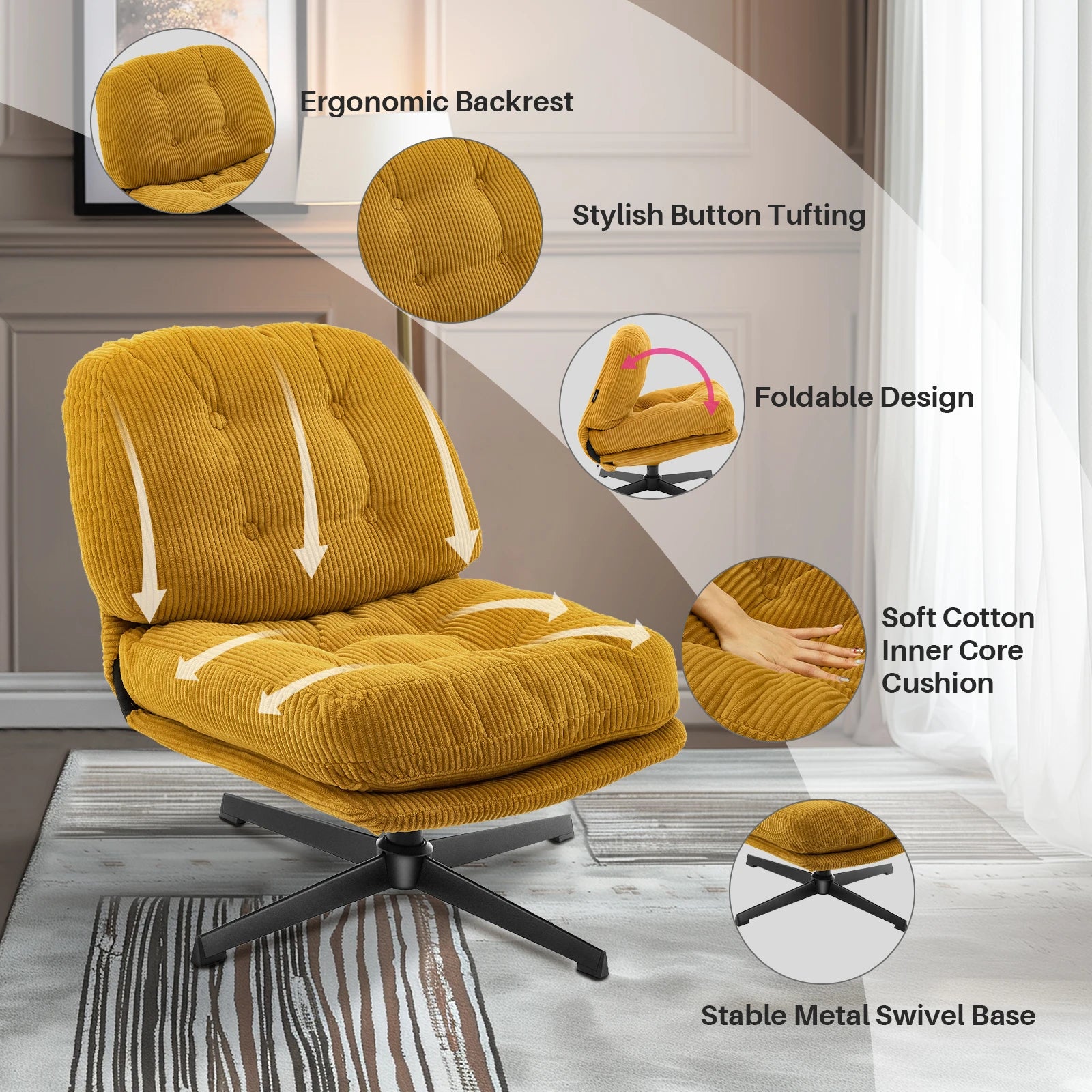 Redlife Modern Foldable Accent Chair 360° Swivel Tufted Lazy Chair Upholstered Lounge Chair w/ Thickened Cushion