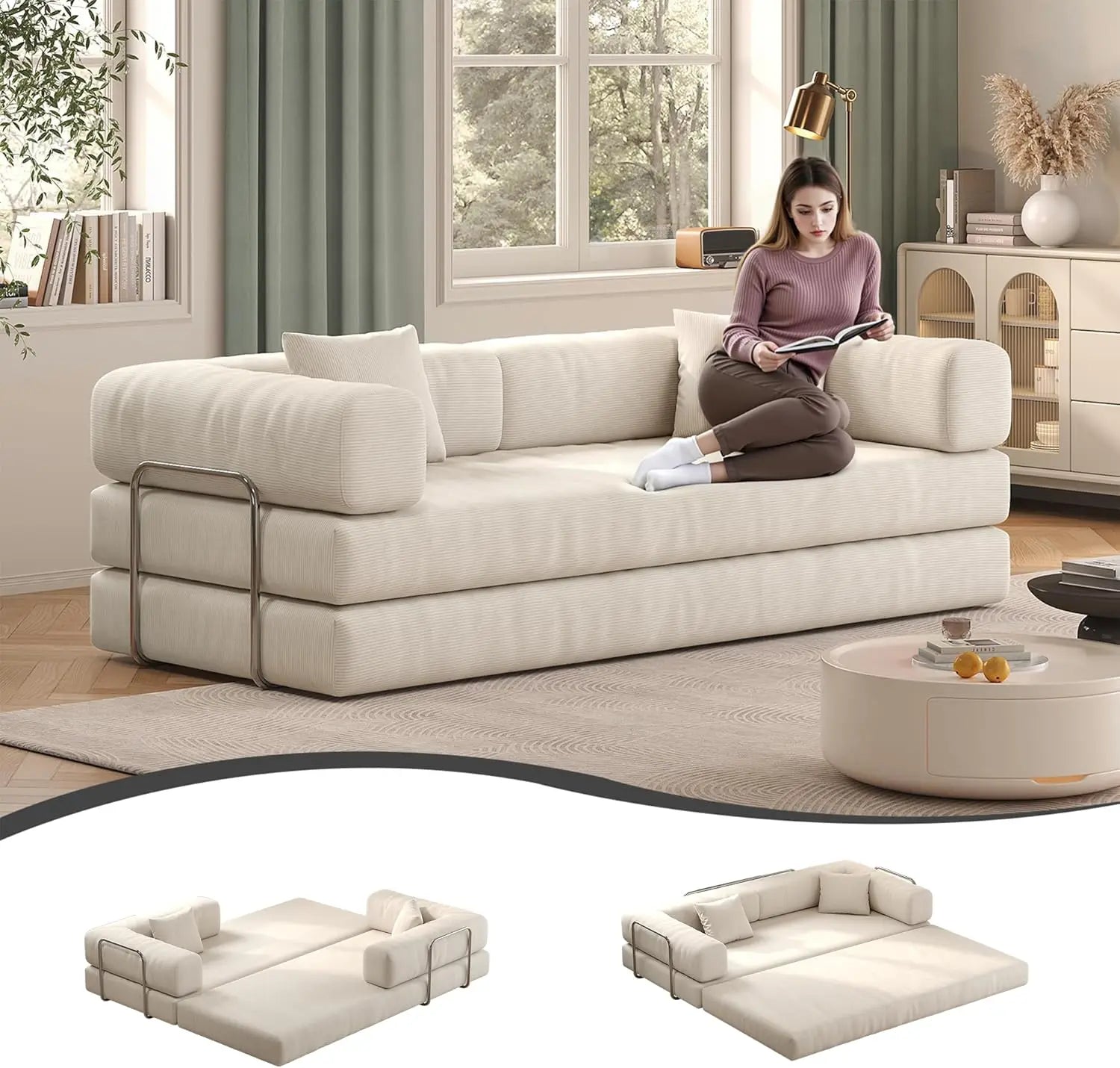79’’ Convertible Sofa Bed with Pillows Corduroy Folding Sleeper Sofa with Fixed-Shape Frame Boneless Couch for Living