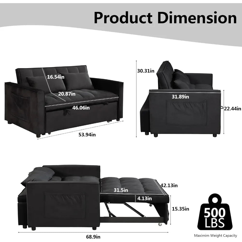 Sleeper Sofa Velvet Pull Out Sofa Bed Convertible Sofas Couch Adjustable Backrest Loveseat Sofa Couch Side Pocket