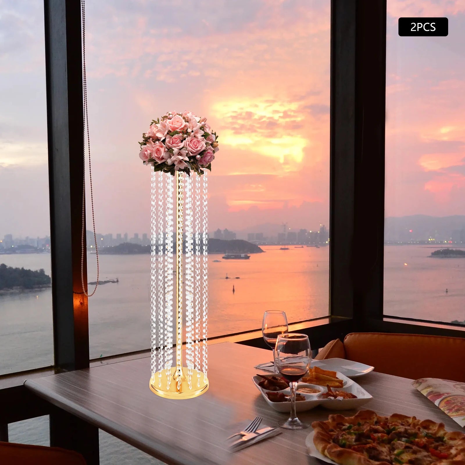 2 Pcs 90cm Wedding Centerpieces Flower Vases Acrylic Crystal Gold Vase Metal Flowers Stand for Party Tables Decorations