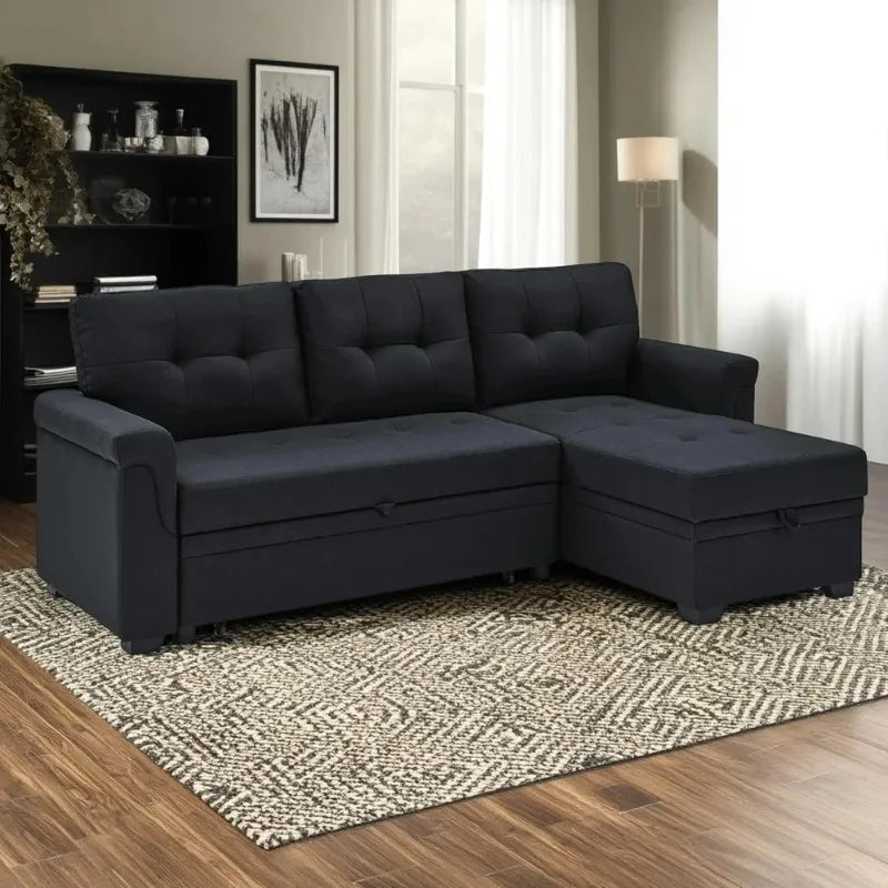 Modern 86 L-Shaped Sectional Sofa with Reversible Chaise Storage and Pull-Out Sleeper Bed for Living Rooms