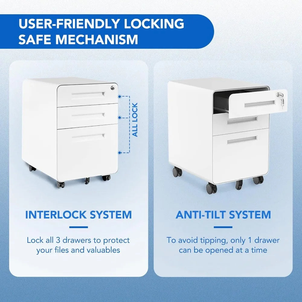 Home Office 3-Drawer File Cabinet with Under Desk Storage for Legal Letter and A4 Files