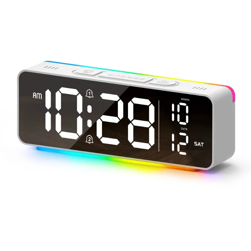 USB Powered Digital Alarm Clock with 11 Colors Mood Light Date Week 2 Alarm 12/24H Night Mode Unlimited Snooze Table