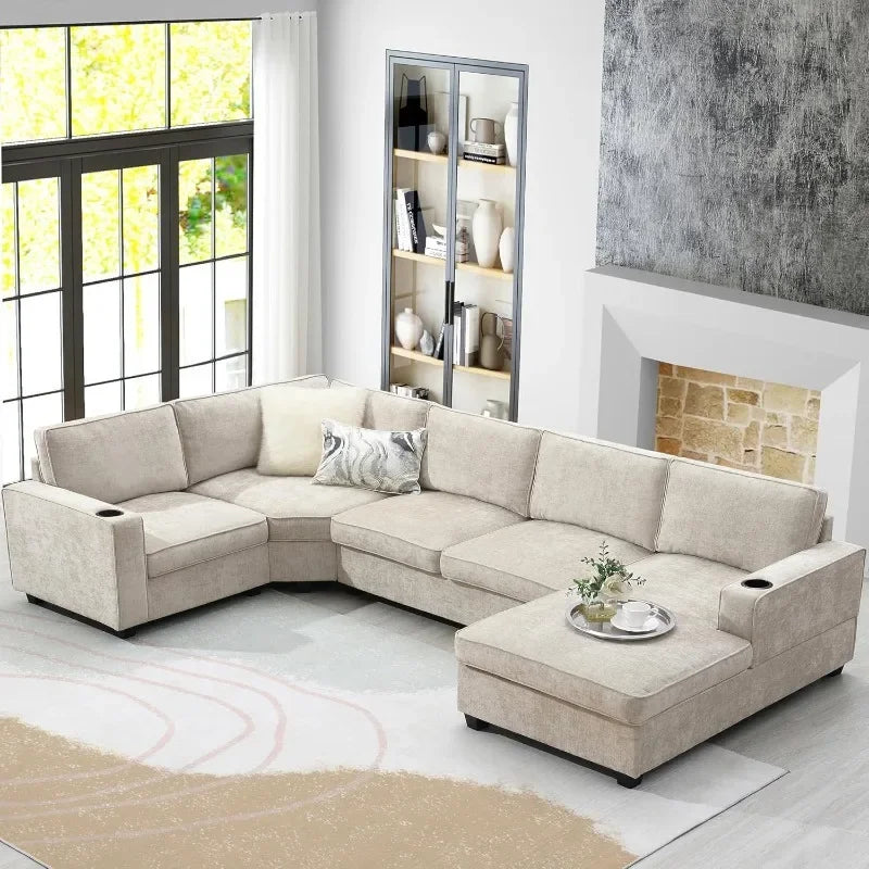 Large U-Shaped 6-Seat Chenille Sectional Sofa Set with Chaise Cup Holders for Spacious Living Room - Beige / United