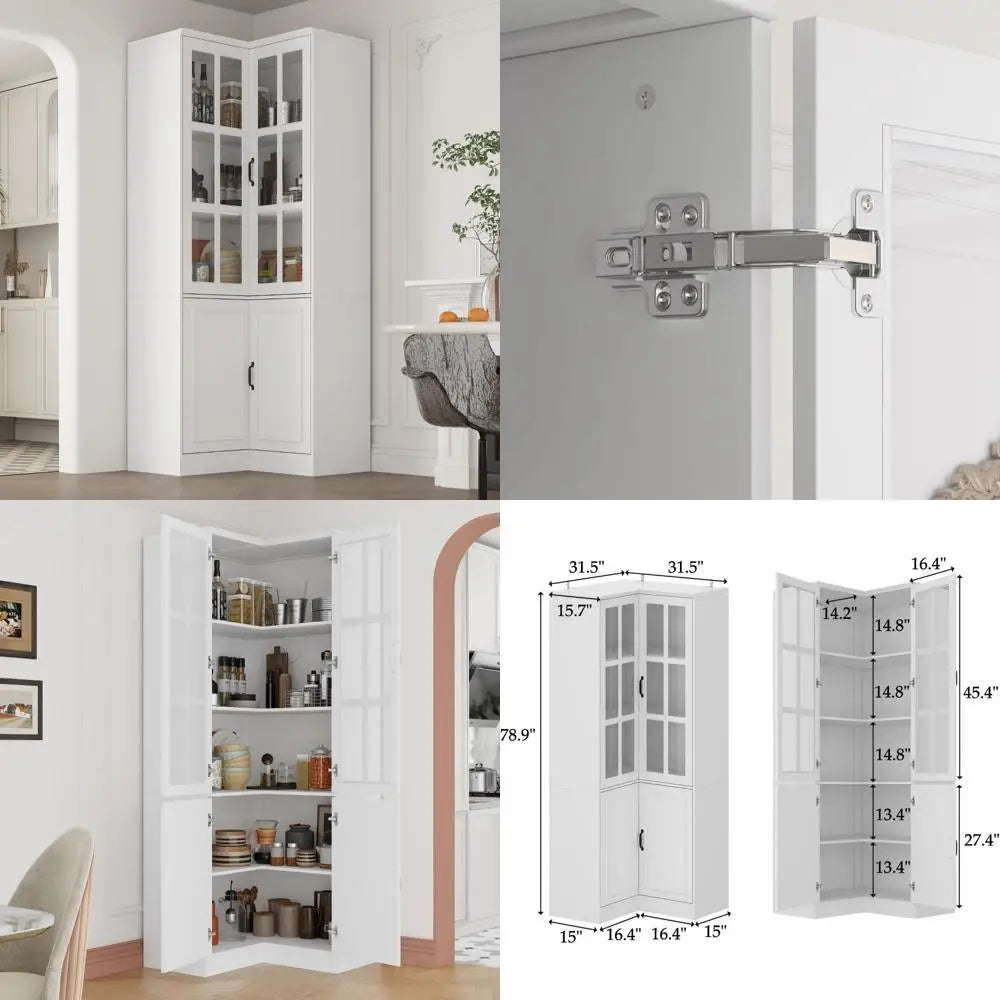 Corner Glass Door Bookshelf L-Shaped 5-Tier Bookcase Tall 78.9 Kitchen Corner Storage Cabinet Grilled Glass Design