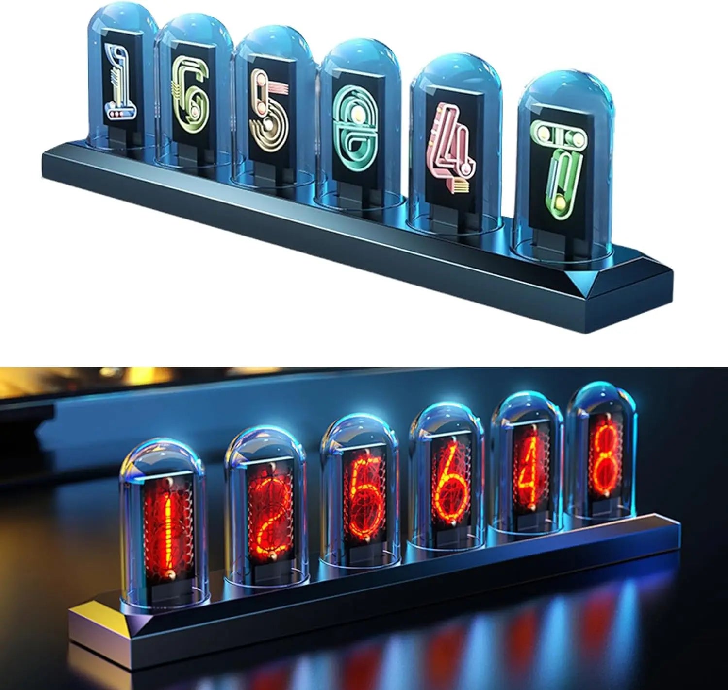 USB Powered RGB Nixie Tube Clock with IPS Color Screen Corded Electric Aluminum Oval Alarm Clock with Charging Port