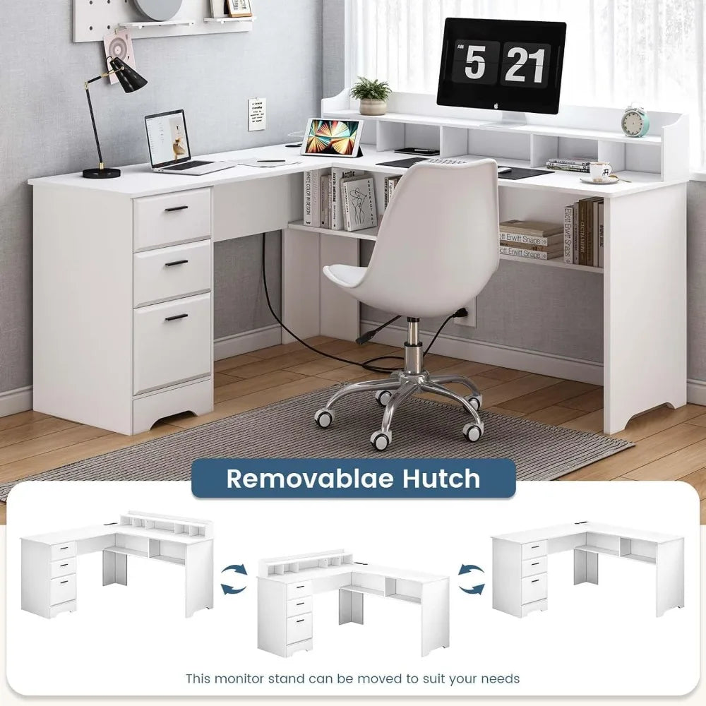 White L Shaped Desk with 3 Drawers 60 inch Corner Desk with Moveable Hutch and Power Outlet Large Home Office Corner