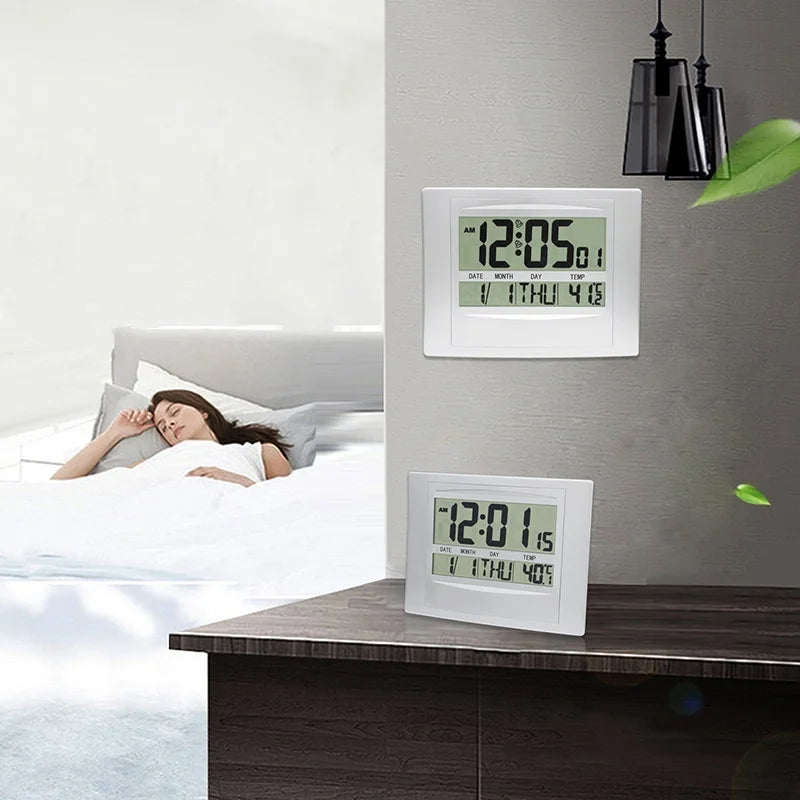 Large Digital Wall Clock TEMP Date Week Display 2 Alarms Battery Powered Snooze Table Clock 12/24H Electronic LCD Alarm