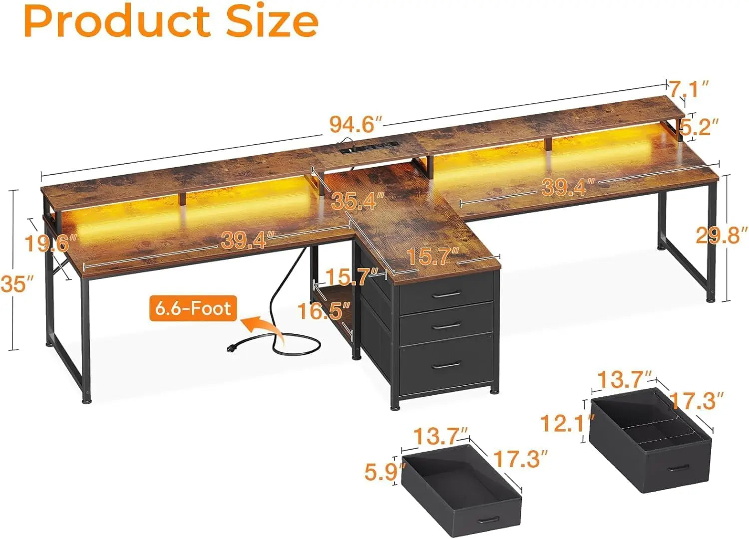 94 Inch 2 Person Home Office Computer Desk with Power Outlet & LED Light Fabric Drawers & File Cabinet Long Writing