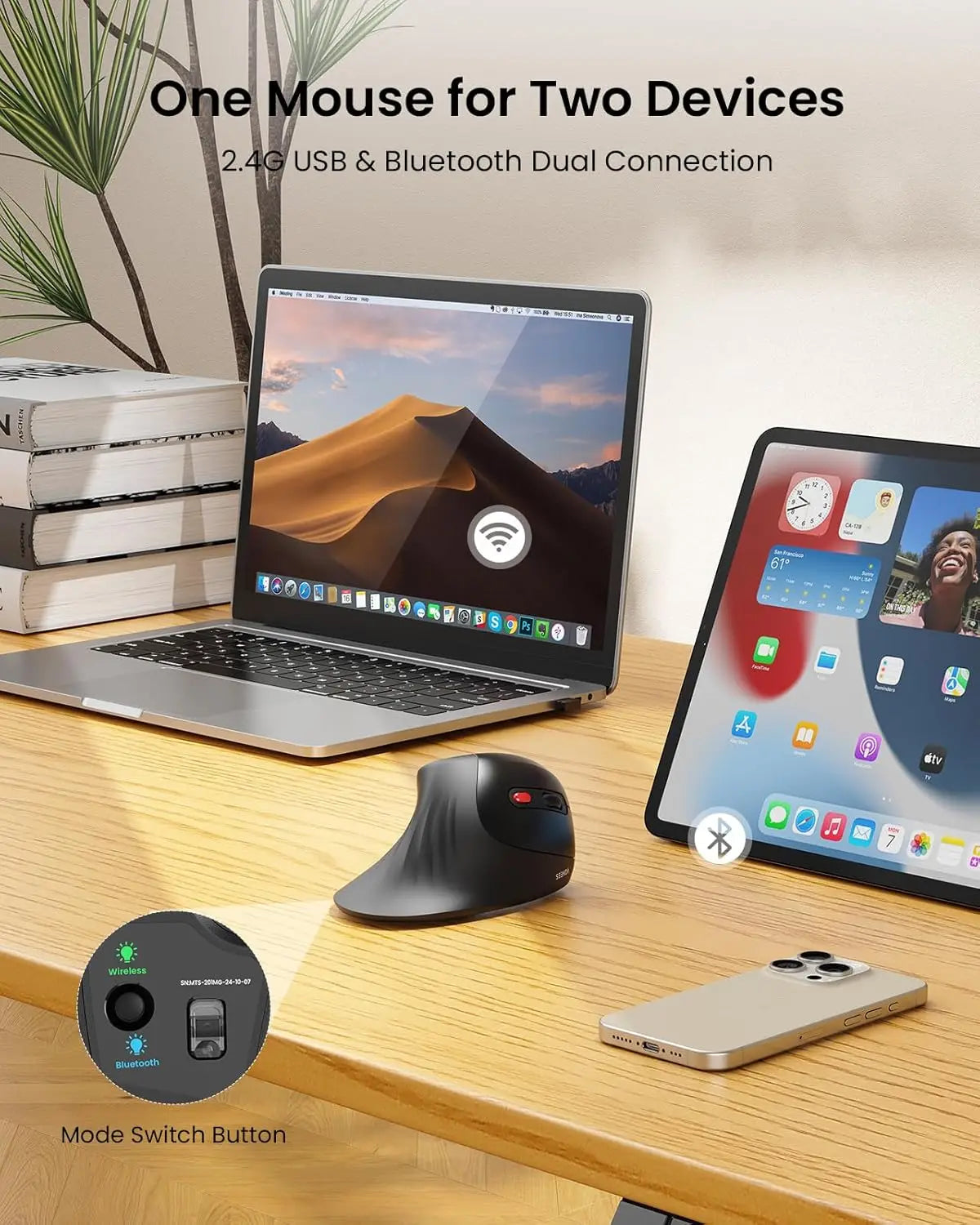 SEENDA Ergonomic Mouse with Jiggler Wireless Dual Mode Vertical Mouse for Computer PC Laptop Mac Windows Reduces Wrist