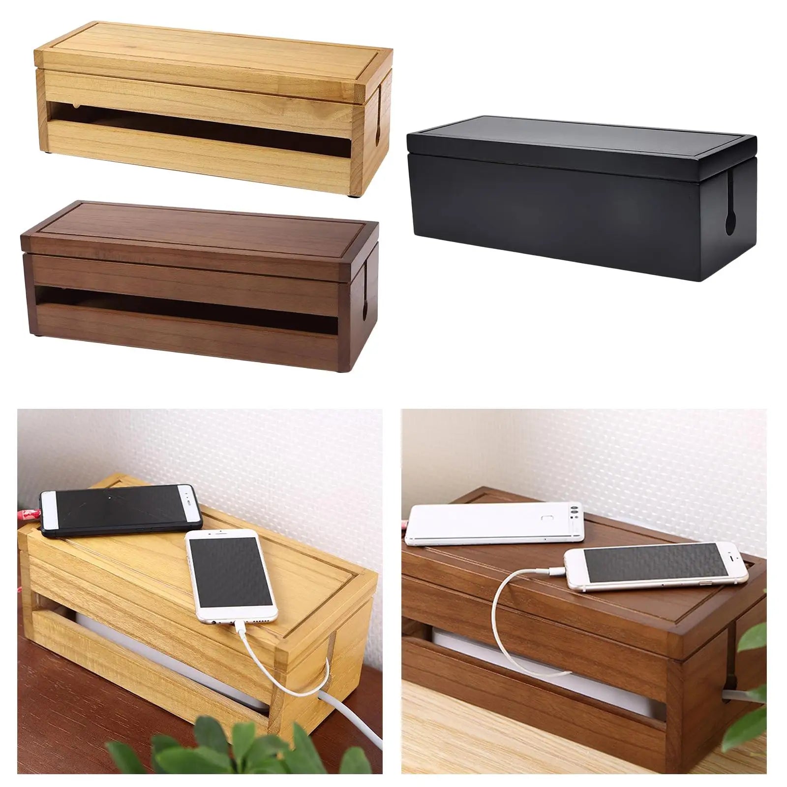 Cable Management Box 14.8x5.6x4.8 inch Wooden Case Cord Organizer for Desk TV