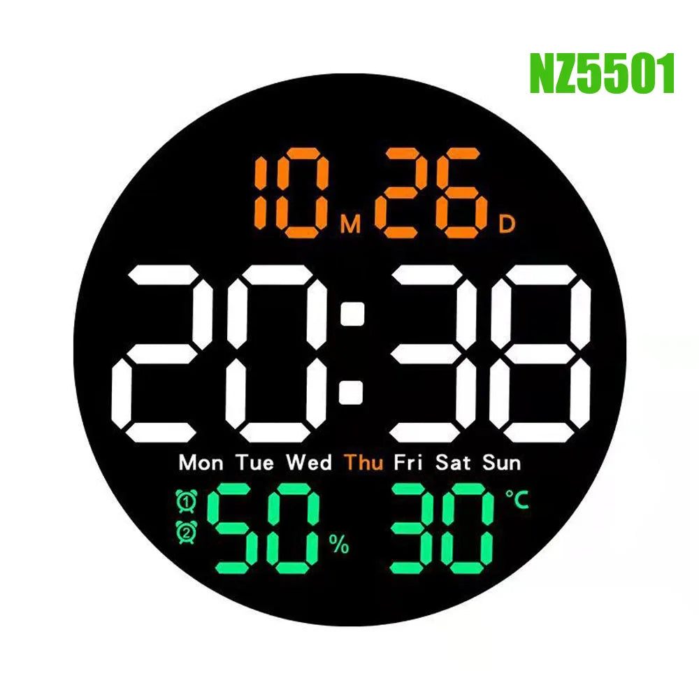 Remote Control LED Wall Clock with Dual Alarms,Calendar and Temperature Display for Home Decoration.Brightness