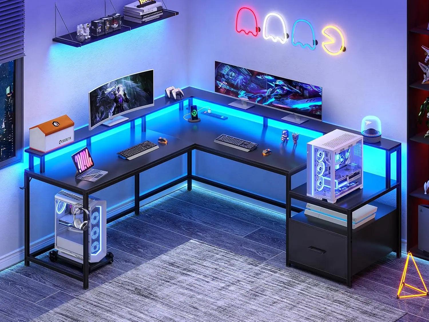 L Shaped Gaming Desk 66’’ Home Office Desk with File Drawer & Power Outlet Corner Gaming Computer Desk with Led Lights