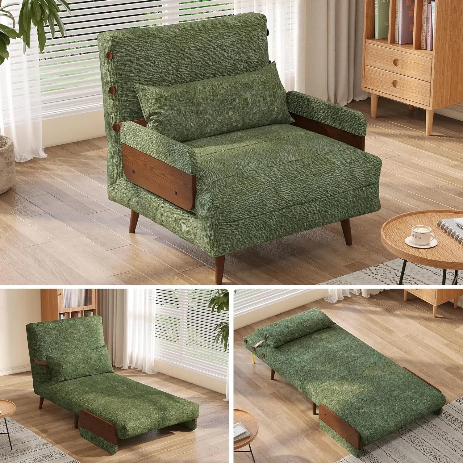 3-in-1 Convertible Chair Bed Sleeper for Adults Linen Convertable Sleeper Chair with Wooden Arms & Pillows Foldable